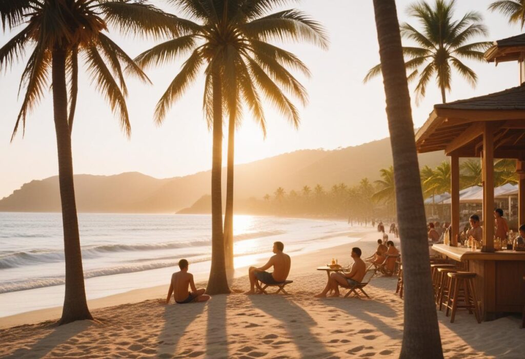 Playa tropical al atardecer con palmeras, ba&ntilde;istas en la arena y un bar de madera a la orilla del mar