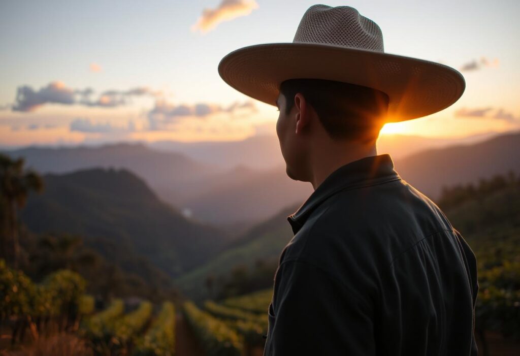 Un hombre con sombrero contempla las monta&ntilde;as al atardecer, de espaldas a la c&aacute;mara