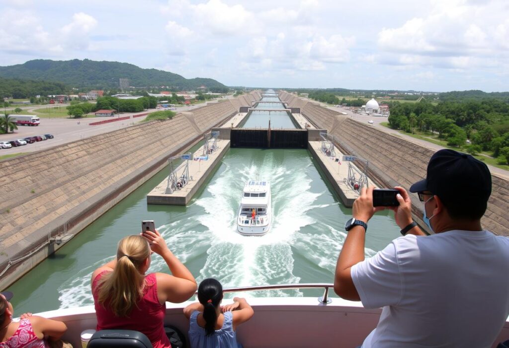 Turistas fotograf&iacute;an un barco cruzando las esclusas del Canal de Panam&aacute; en un d&iacute;a soleado