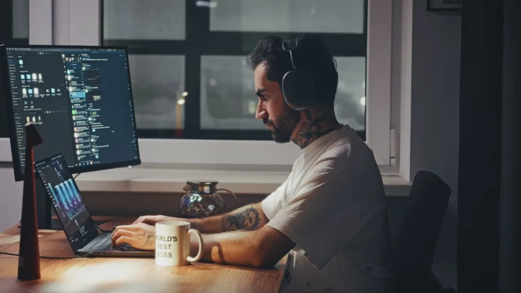 Un joven con tatuajes y aud&iacute;fonos programa de noche en su escritorio con dos monitores