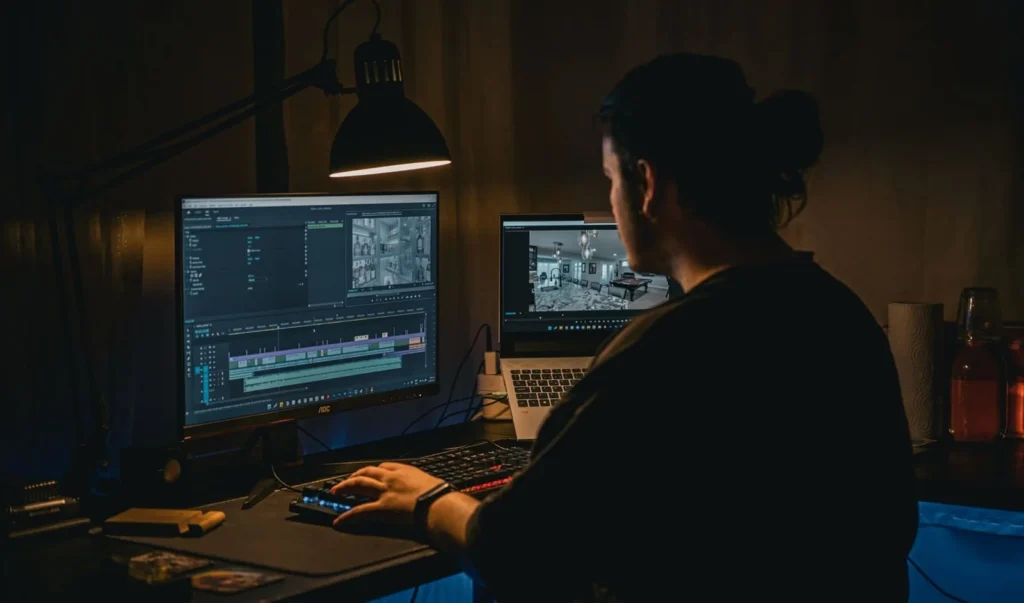 Un hombre edita un proyecto de v&iacute;deo en su monitor, de noche en su escritorio