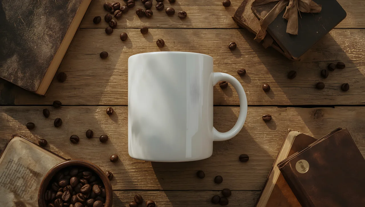 Taza blanca sobre mesa rústica de madera, ejemplo de mockup
