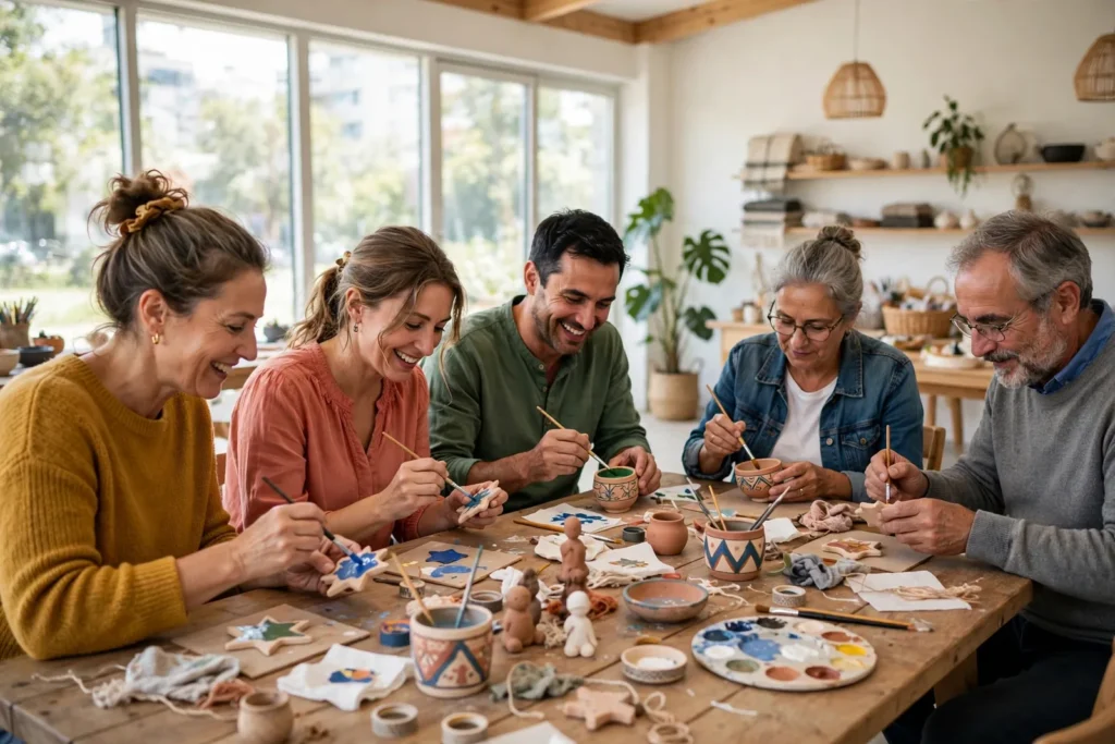 Grupo de adultos pintando cer&aacute;mica en un taller gratuito de un centro cultural